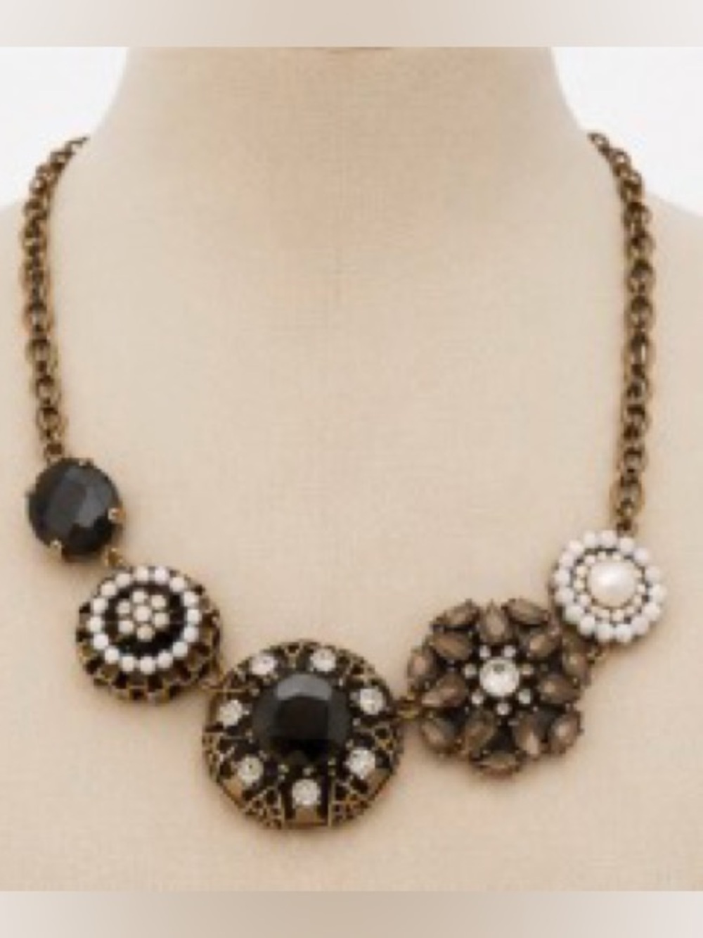 Lia Sophia Statement Necklace Antique Gold Pearl Crystal Smoky Gray 17” - Picture 3 of 7